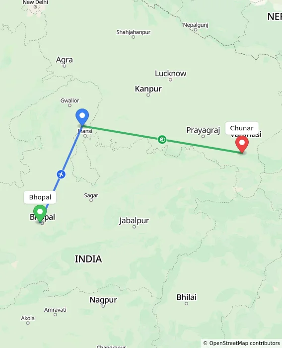 Route map showing distance and travel time from Bhopal, India to Chunar, India