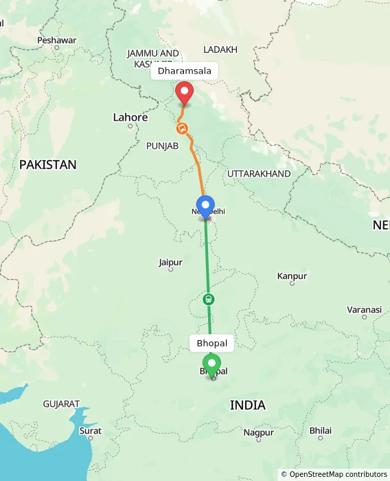 Route map showing distance and travel time from Bhopal, India to Dharamsala, India