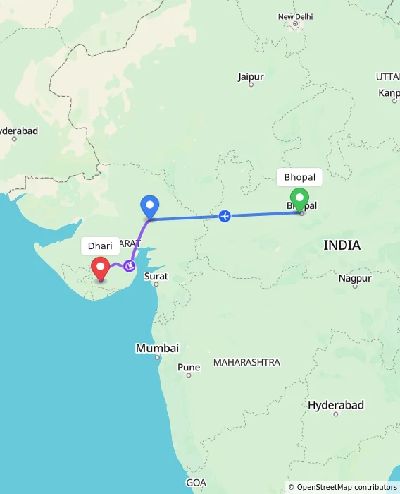 Route map showing distance and travel time from Bhopal, India to Dhari, India