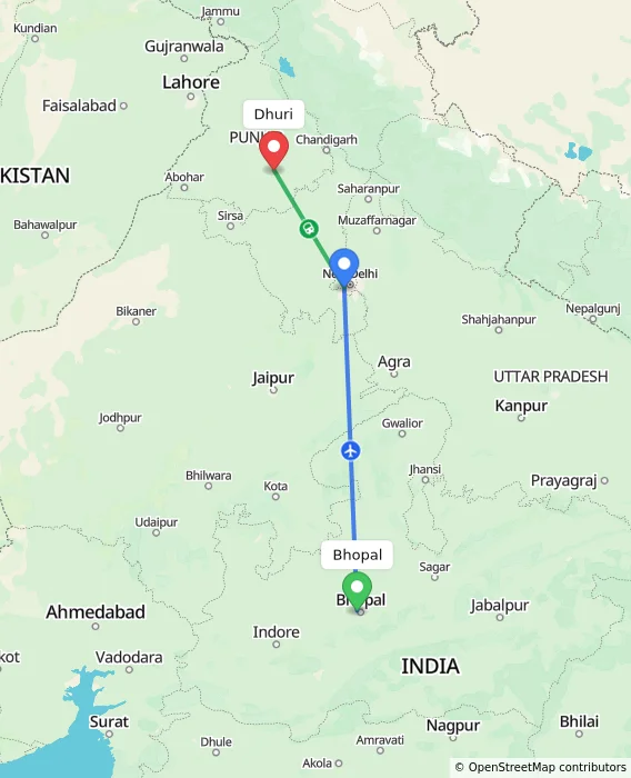 Route map showing distance and travel time from Bhopal, India to Dhuri, India