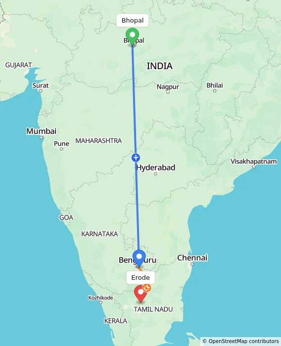 Route map showing distance and travel time from Bhopal, India to Erode, India
