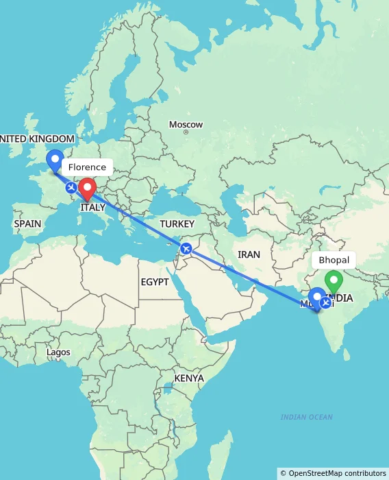 Route map showing distance and travel time from Bhopal, India to Florence, Italy