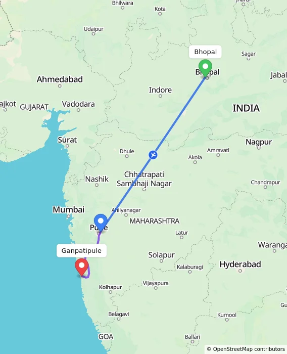 Route map showing distance and travel time from Bhopal, India to Ganpatipule, India