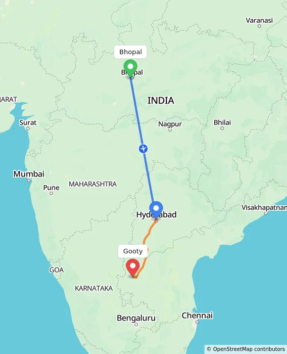 Route map showing distance and travel time from Bhopal, India to Gooty, India