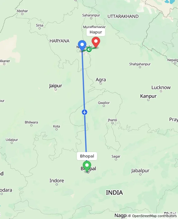 Route map showing distance and travel time from Bhopal, India to Hapur, India