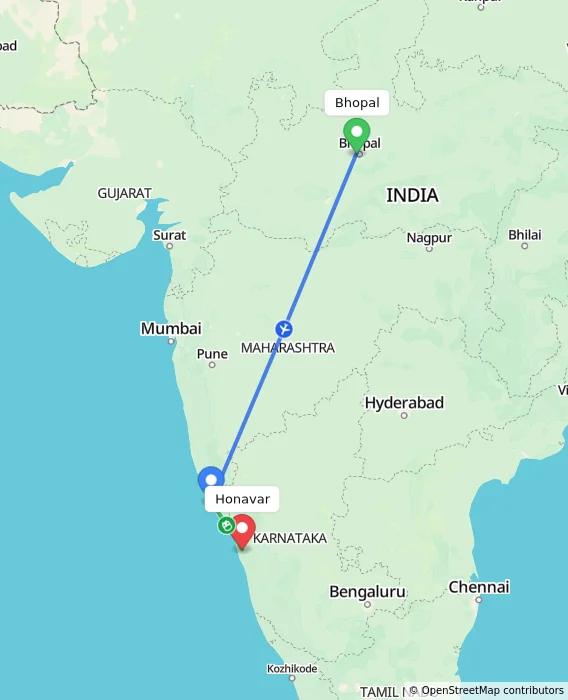 Route map showing distance and travel time from Bhopal, India to Honavar, India