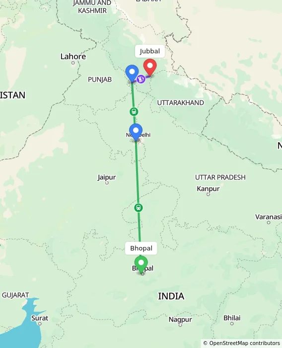 Route map showing distance and travel time from Bhopal, India to Jubbal, India