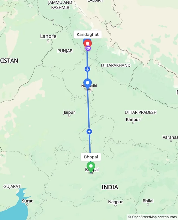 Route map showing distance and travel time from Bhopal, India to Kandaghat, India