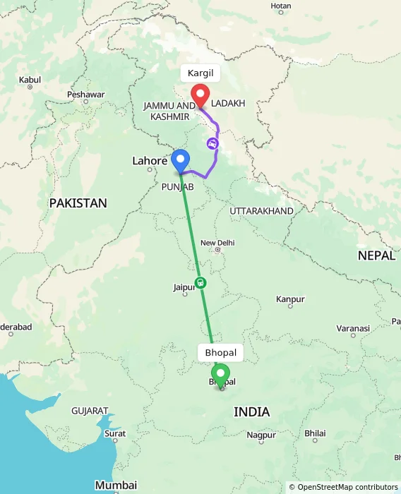 Route map showing distance and travel time from Bhopal, India to Kargil, India