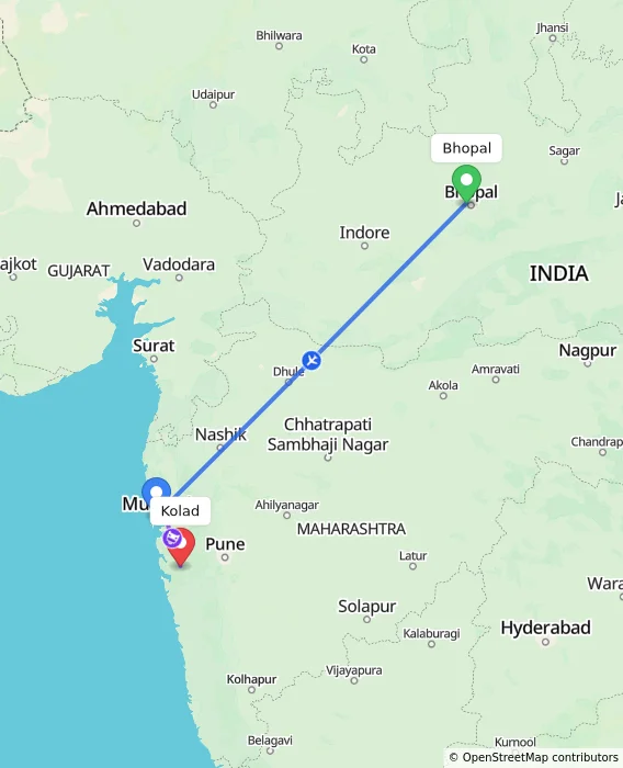 Route map showing distance and travel time from Bhopal, India to Kolad, India