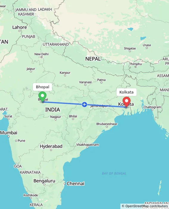 Route map showing distance and travel time from Bhopal, India to Kolkata, India