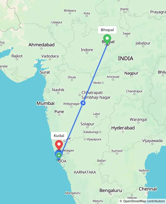 Route map showing distance and travel time from Bhopal, India to Kudal, India
