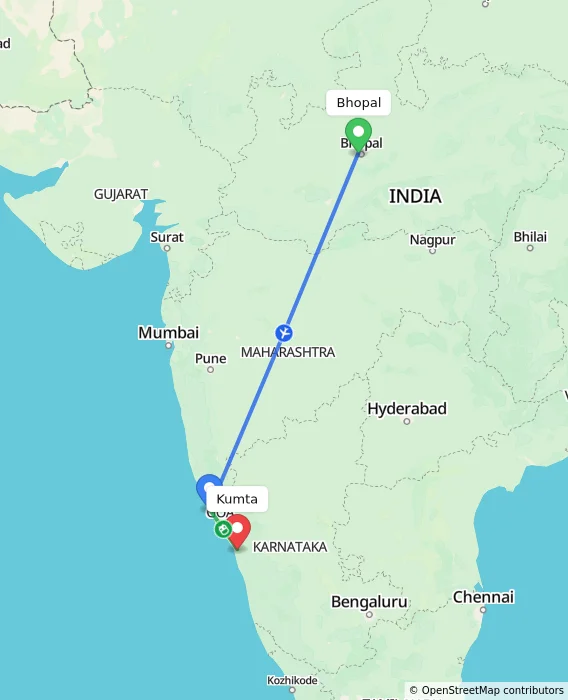 Route map showing distance and travel time from Bhopal, India to Kumta, India