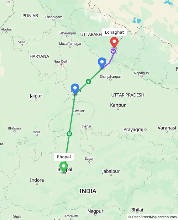 Route map showing distance and travel time from Bhopal, India to Lohaghat, India