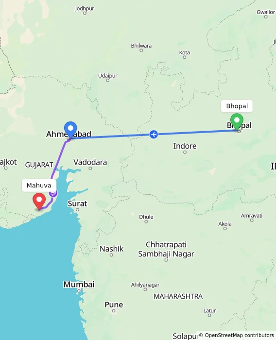 Route map showing distance and travel time from Bhopal, India to Mahuva, India
