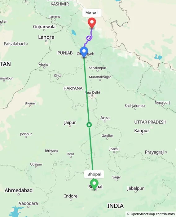 Route map showing distance and travel time from Bhopal, India to Manali, India