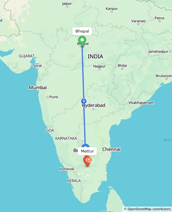 Route map showing distance and travel time from Bhopal, India to Mettur, India