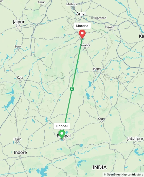 Route map showing distance and travel time from Bhopal, India to Morena, India