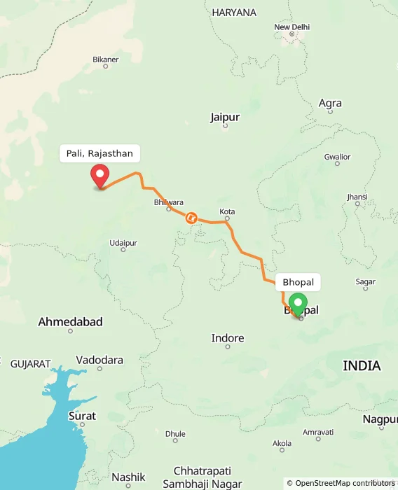 Route map showing distance and travel time from Bhopal, India to Pali, Rajasthan, India