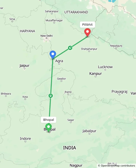 Route map showing distance and travel time from Bhopal, India to Pilibhit, India