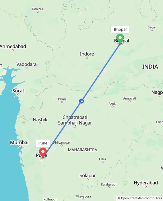 Route map showing distance and travel time from Bhopal, India to Pune, India