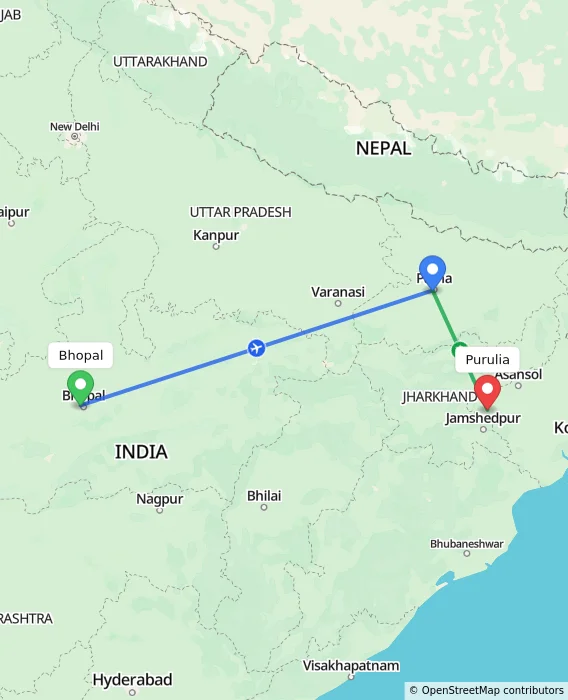 Route map showing distance and travel time from Bhopal, India to Purulia, India