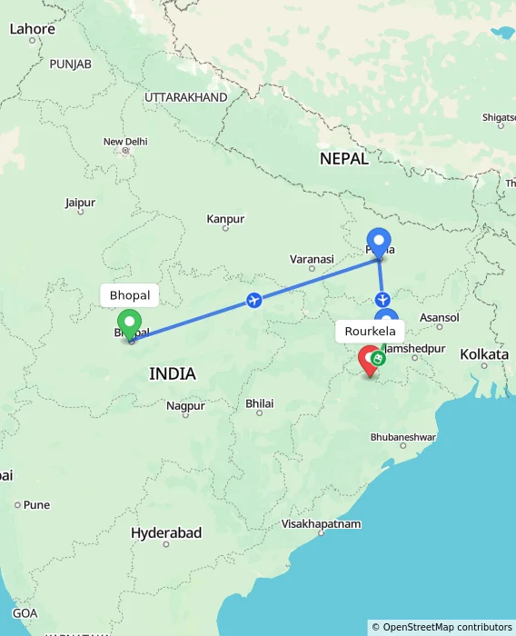 Route map showing distance and travel time from Bhopal, India to Rourkela, India