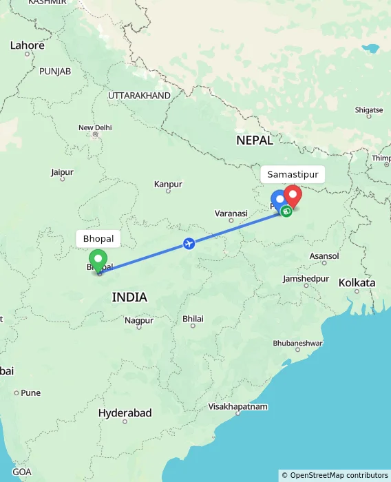 Route map showing distance and travel time from Bhopal, India to Samastipur, India