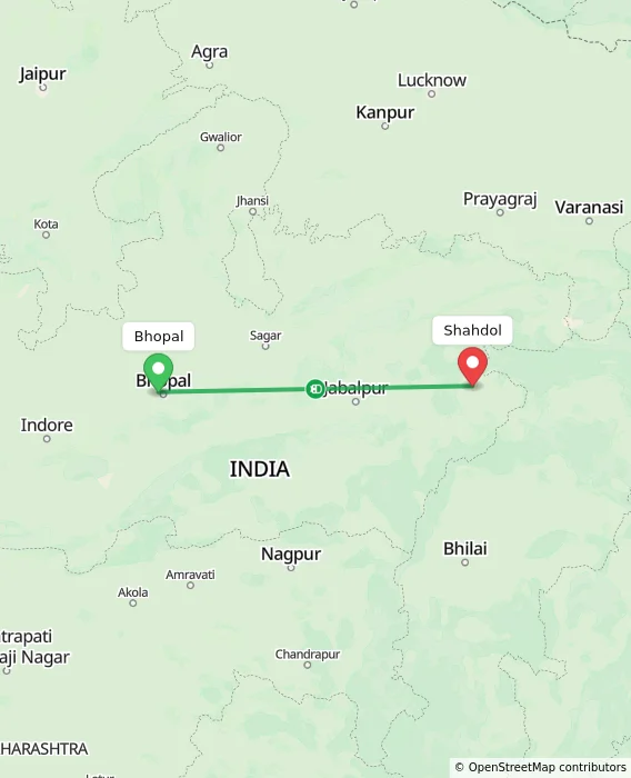 Route map showing distance and travel time from Bhopal, India to Shahdol, India