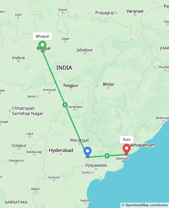 Route map showing distance and travel time from Bhopal, India to Tuni, India
