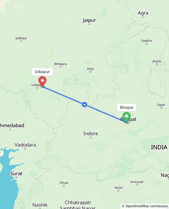 Route map showing distance and travel time from Bhopal, India to Udaipur, India