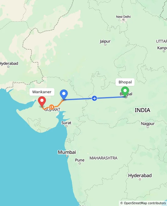 Route map showing distance and travel time from Bhopal, India to Wankaner, India