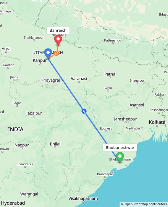 Route map showing distance and travel time from Bhubaneshwar, India to Bahraich, India