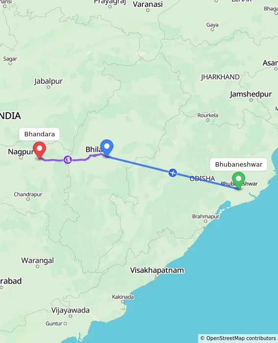 Route map showing distance and travel time from Bhubaneshwar, India to Bhandara, India