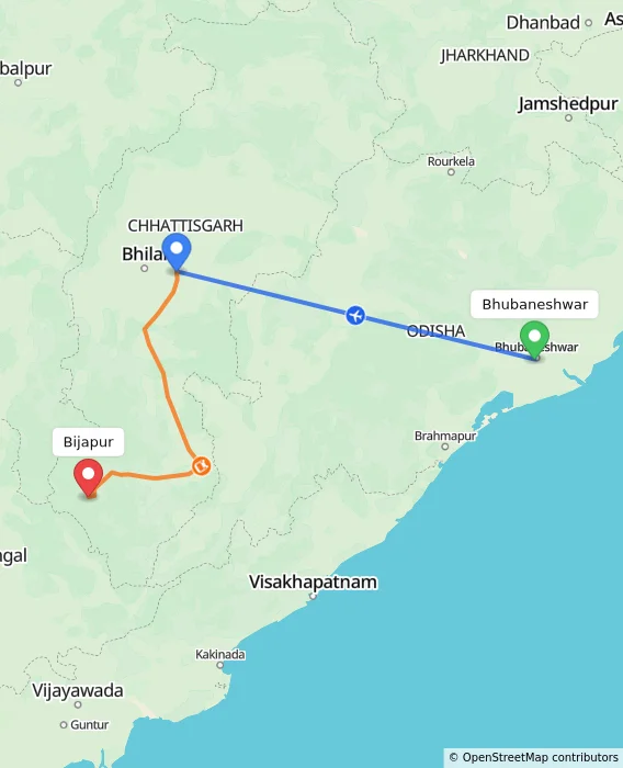 Route map showing distance and travel time from Bhubaneshwar, India to Bijapur, India