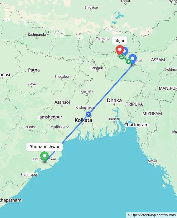 Route map showing distance and travel time from Bhubaneshwar, India to Bijni, India
