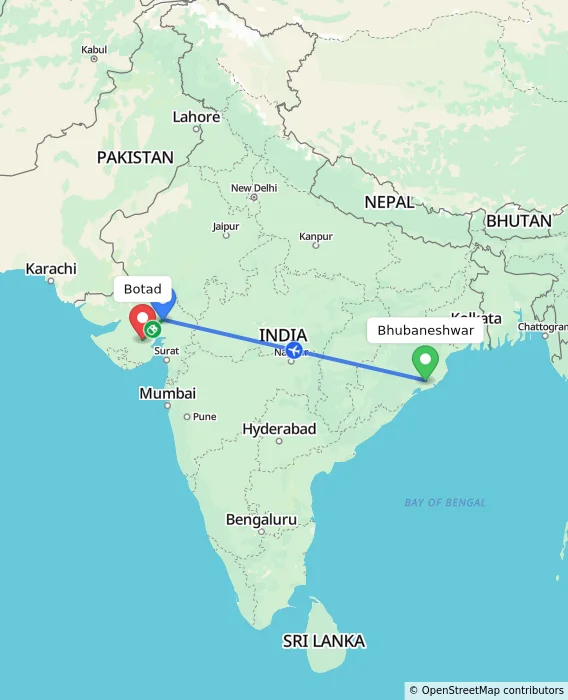 Route map showing distance and travel time from Bhubaneshwar, India to Botad, India