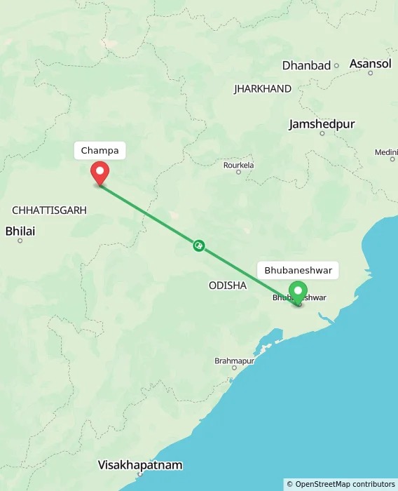 Route map showing distance and travel time from Bhubaneshwar, India to Champa, India