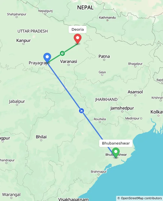Route map showing distance and travel time from Bhubaneshwar, India to Deoria, India