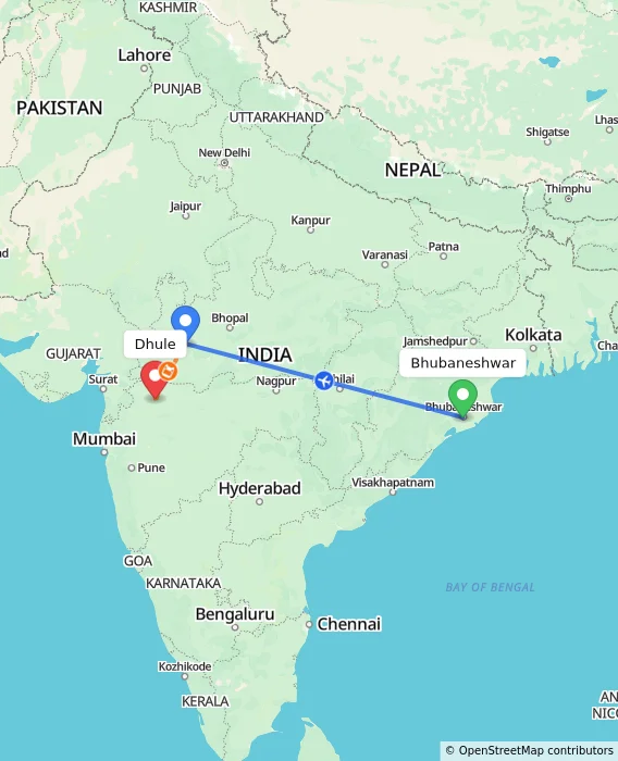 Route map showing distance and travel time from Bhubaneshwar, India to Dhule, India