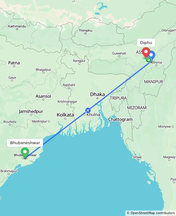 Route map showing distance and travel time from Bhubaneshwar, India to Diphu, India