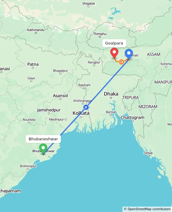 Route map showing distance and travel time from Bhubaneshwar, India to Goalpara, India