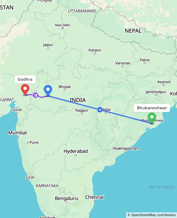 Route map showing distance and travel time from Bhubaneshwar, India to Godhra, India