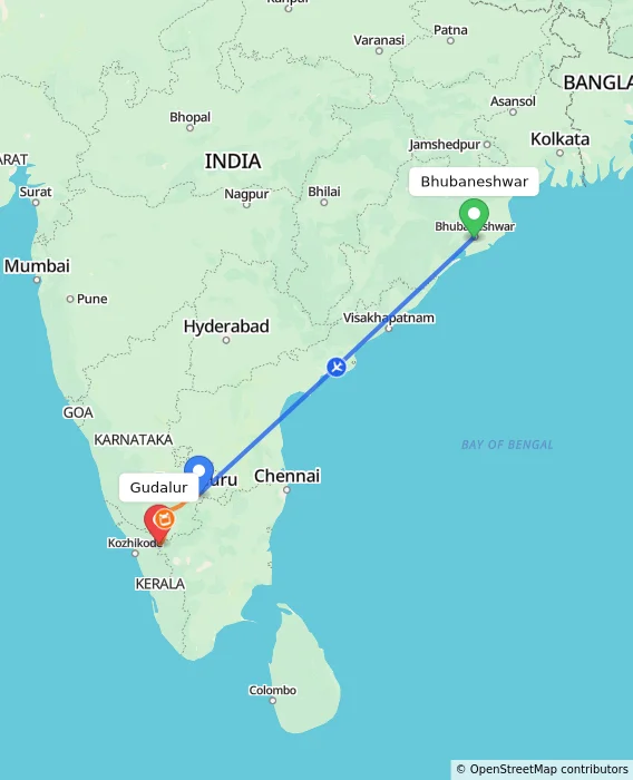 Route map showing distance and travel time from Bhubaneshwar, India to Gudalur, India