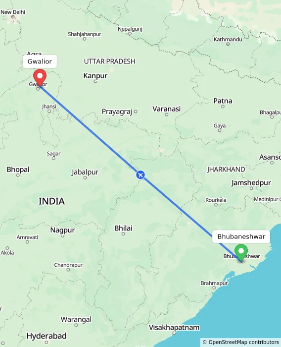 Route map showing distance and travel time from Bhubaneshwar, India to Gwalior, India