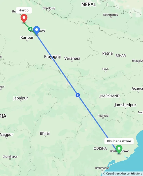 Route map showing distance and travel time from Bhubaneshwar, India to Hardoi, India
