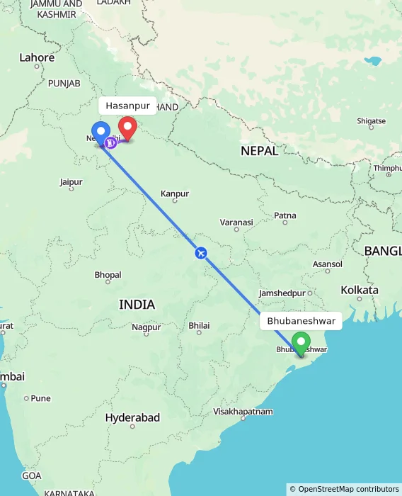 Route map showing distance and travel time from Bhubaneshwar, India to Hasanpur, India