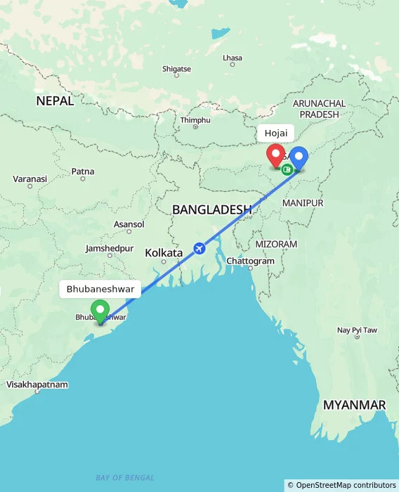 Route map showing distance and travel time from Bhubaneshwar, India to Hojai, India