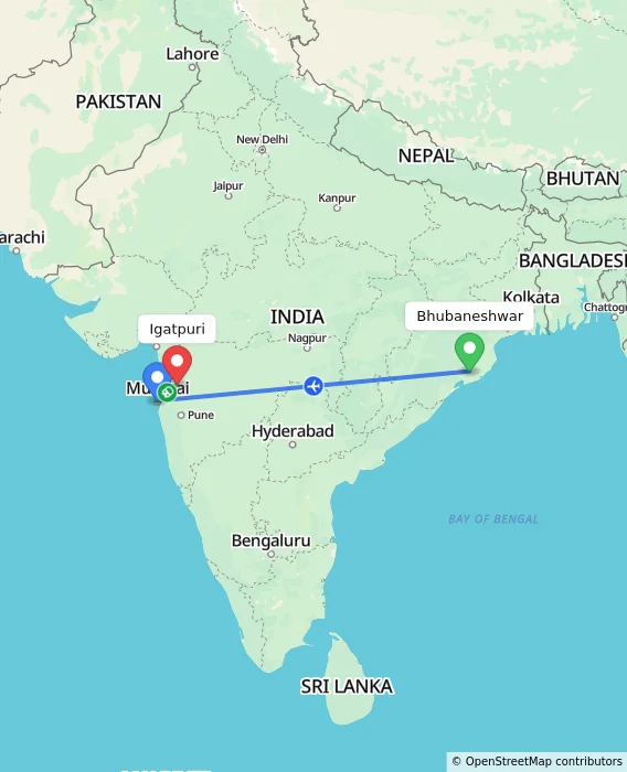 Route map showing distance and travel time from Bhubaneshwar, India to Igatpuri, India