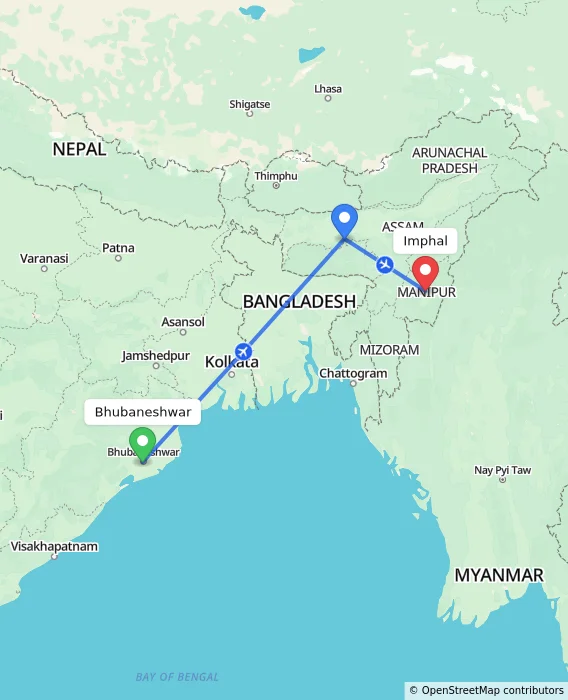 Route map showing distance and travel time from Bhubaneshwar, India to Imphal, India
